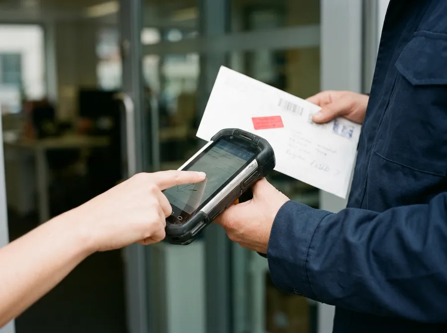 Ontvanger tekent op de scanner van de koerier voor een aangetekende brief