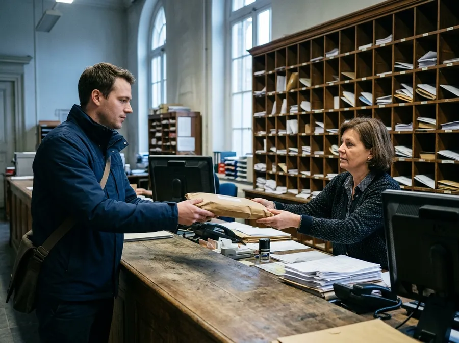 Koerier overhandigt een verzegelde envelop aan de griffie van een rechtbank