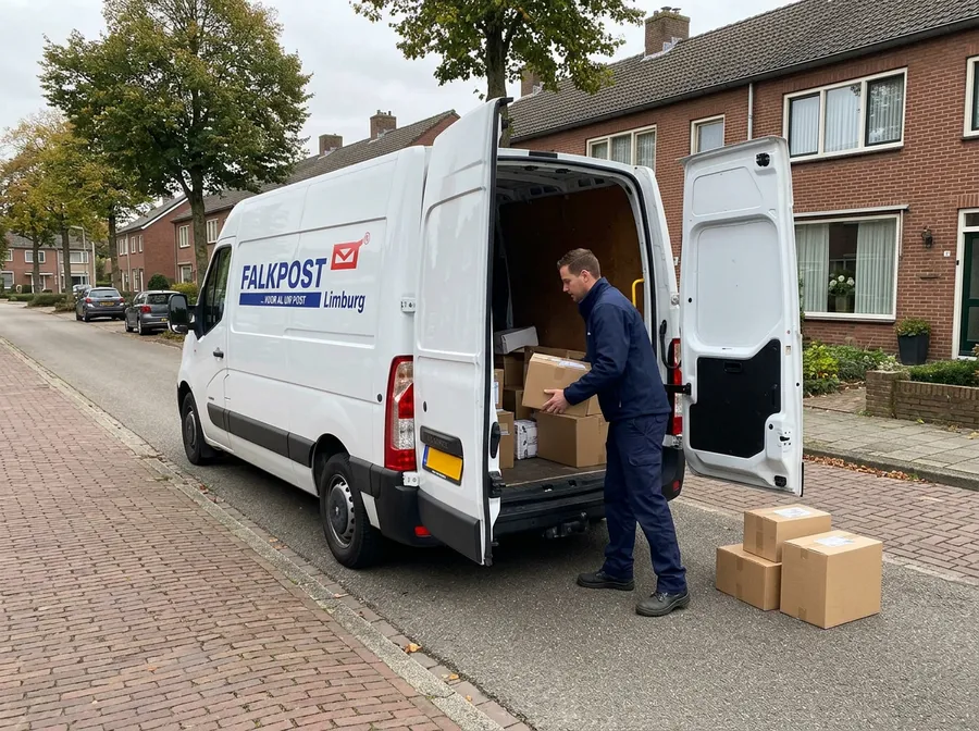 Koerier laadt pakketten in de Falkpost-bus in een Limburgse straat