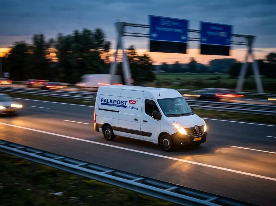 Falkpost-bus op de snelweg in de schemering