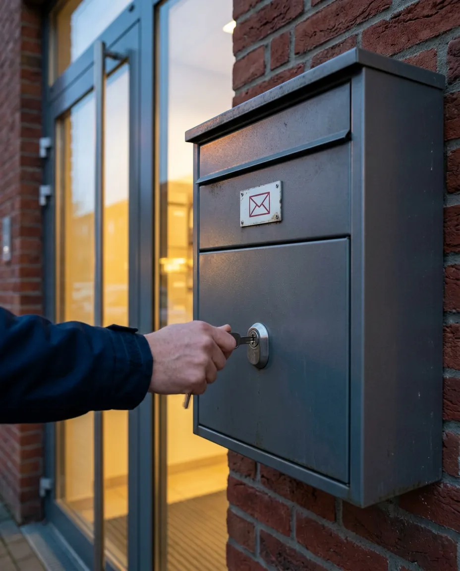 Koerier opent met een sleutel het veiligheidsslot van een postkast aan een bedrijfspand