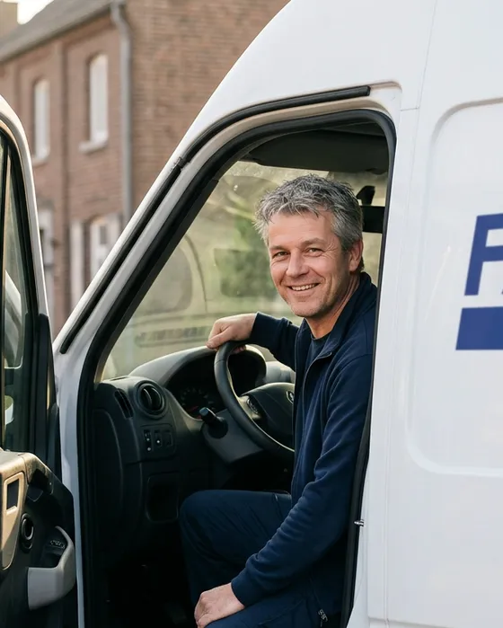 Glimlachende Falkpost-chauffeur achter het stuur van de bus