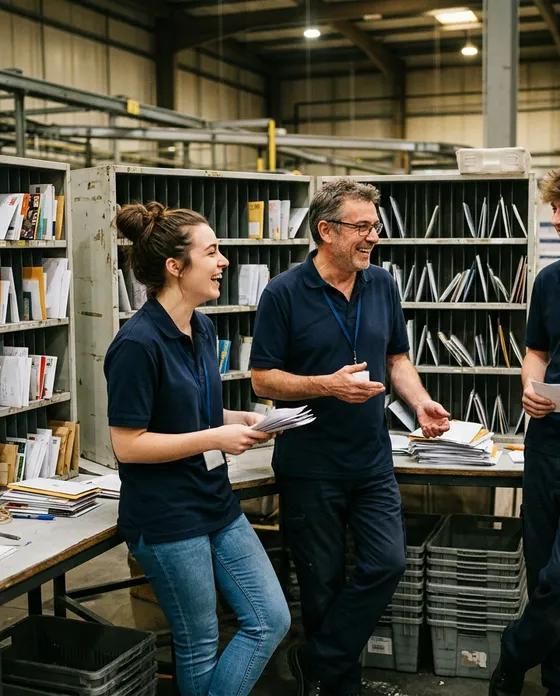 Lachende collega's tijdens de avonddienst in het sorteerdepot
