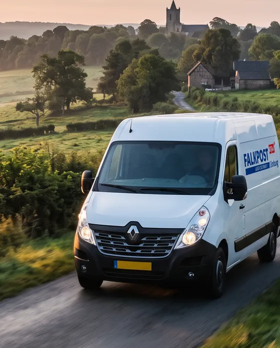 Falkpost-bus op een weg door het Limburgse heuvelland