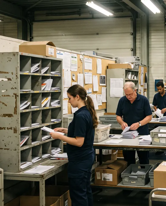 Medewerkers sorteren post in het depot