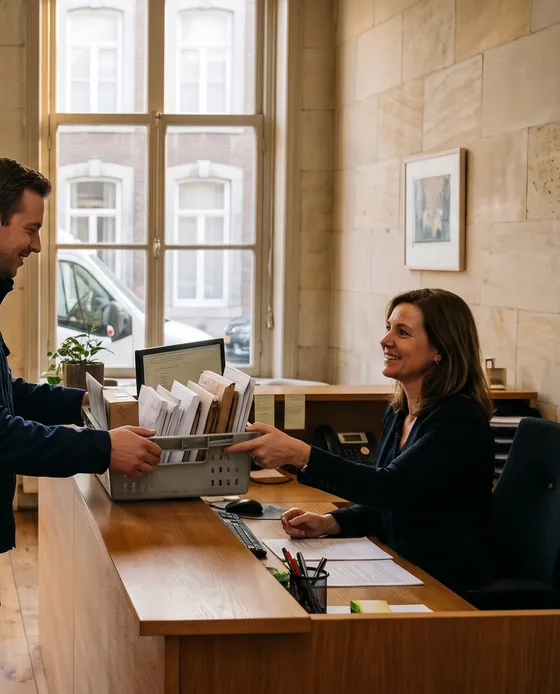 Receptioniste geeft een bak met uitgaande post aan de koerier